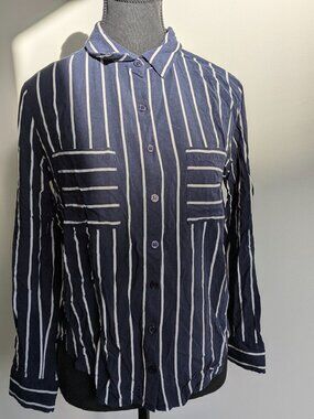 Forever 21 Striped Button-Up Blouse Navy White Size M
